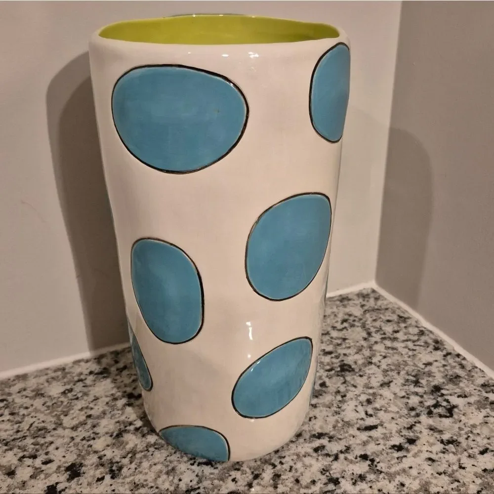 Artist signed Rare SALLY RUSSELL  Pottery Vase Circles Aqua Blue